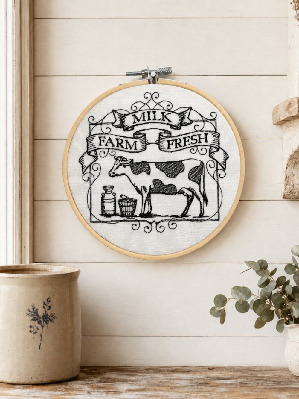 Milk Farm Fresh Embroidery Hoop Wall Art, 6 Inch Embroidery Decor